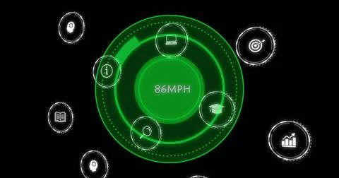 Image of digital icons and data processing over speedometer on black background 스톡 일러스트