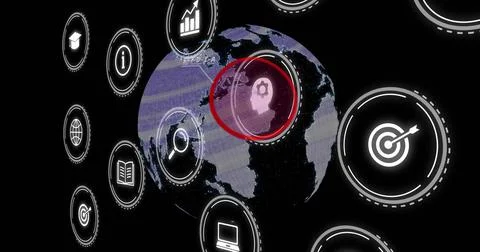 Image of digital icons and data processing over globe on black background Illustrazione stock