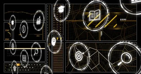 Image of digital icons and data processing over dark backgorund イラスト素材