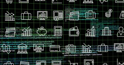 Image of digital icons and data processing over dark backgorund Stock Illustration