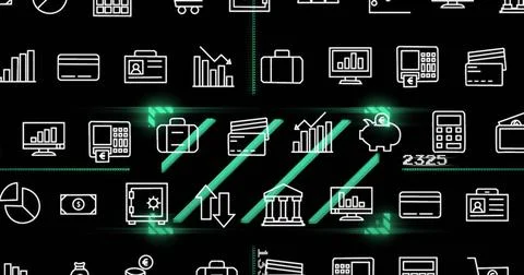 Image of digital icons and data processing over dark backgorund 스톡 일러스트