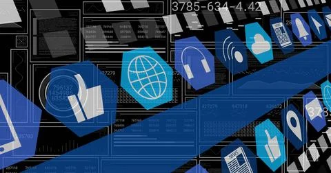 Image of digital icons and data processing over dark background 스톡 일러스트