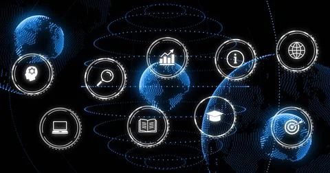 Image of digital icons and data processing over globes 库存插图