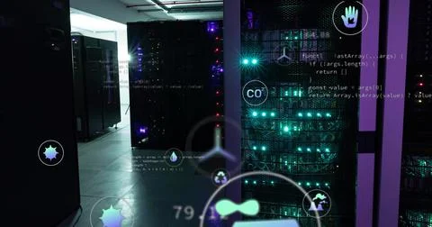 Image of digital icons and data processing over computer servers Illustrazione stock