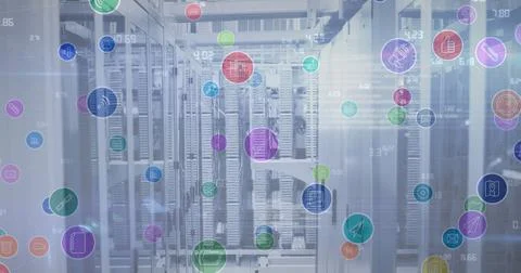 Image of digital icons and data processing over computer servers in background Stock Photos