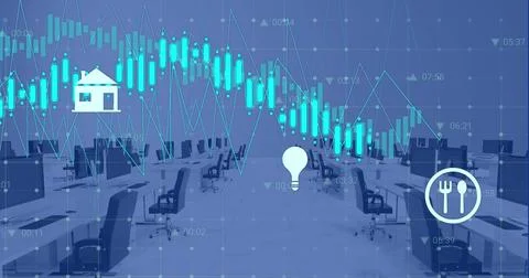 Image of digital icons and data processing over grid network against empty Foto stock