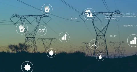 Image of digital icons and data processing over power lines 스톡 사진