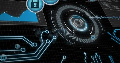 Image of digital icons and data processing on interface Foto stock