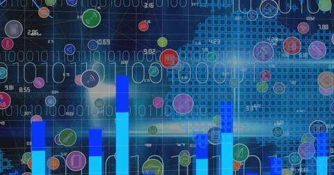 Image of digital icons and data processing with binary coding over world map in Stock Photos