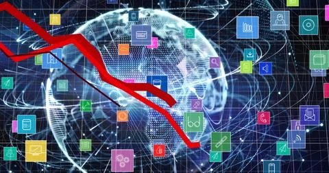 Image of digital icons and data processing with red lines over globe in Foto stock