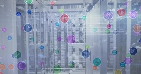 Image of digital icons and data processing over computer servers in background Stock Photos