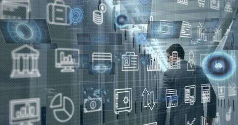 Image of digital icons and data processing over caucasian male engineer walking Foto stock