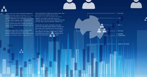 Image of digital icons and data processing on blue background 스톡 사진