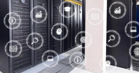 Image of digital icons and data processing over computer servers Stock Photos