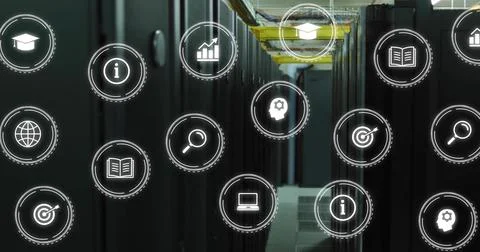 Image of digital icons and data processing over computer servers Stock Photos