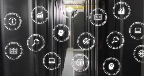 Image of digital icons and data processing over computer servers Stock Photos
