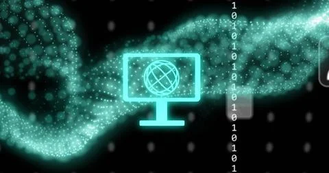 Image of digital icons and data processing with green mesh over black background Stock Photos
