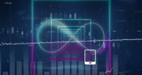 Image of digital icons and data processing over neon squared shapes in seamless Foto stock