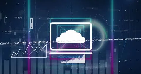 Image of digital icons and data processing over neon squared shapes in seamless Stock Photos