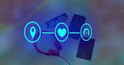 Image of digital icons and data processing over electronic devices 스톡 사진