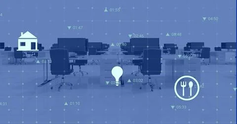 Image of digital icons and data processing over grid network against empty Foto stock