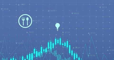 Image of digital icons and data processing over grid network against blue Stockfoto's
