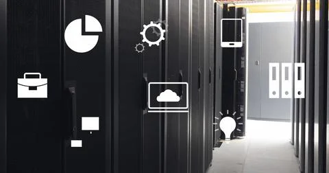 Image of digital icons and data processing over computer servers Stock Photos