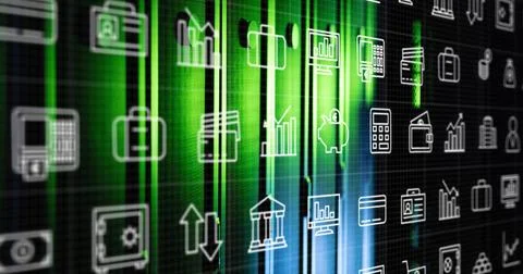 Image of digital icons and data processing over computer servers Stock Photos