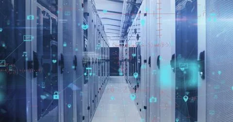 Image of digital icons and data processing over computer servers Stock Photos