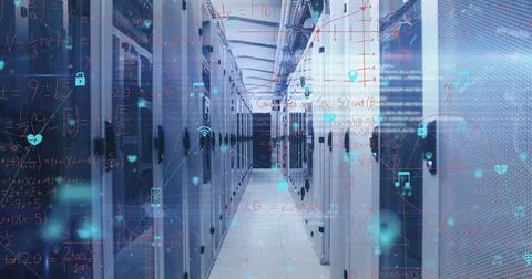 Image of digital icons and data processing over computer servers Stock Photos