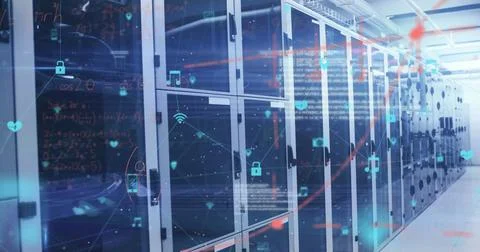 Image of digital icons and data processing over computer servers Stock Photos