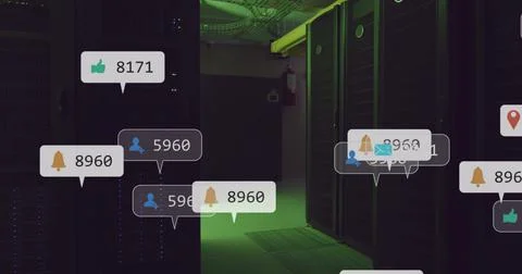 Image of digital icons and data processing over computer servers Stock Photos