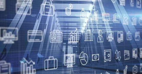 Image of digital icons and data processing over computer servers 写真素材