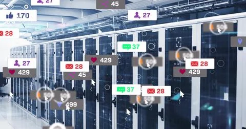 Image of digital icons and data processing over computer servers Stock Photos