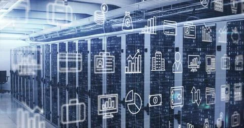 Image of digital icons and data processing over computer servers Stock Photos