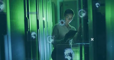 Image of digital icons and data over caucasian female it technician by computer 스톡 사진