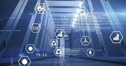 Image of digital icons and data processing over server room Foto stock