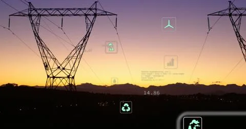 Image of digital icons and data processing over power lines 스톡 사진