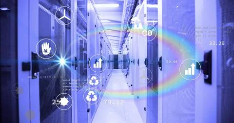 Image of digital icons and data processing over server room 스톡 사진