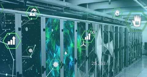 Image of digital icons and data processing over server room 스톡 사진