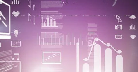 Image of digital icons and data processing on purple background 库存照片