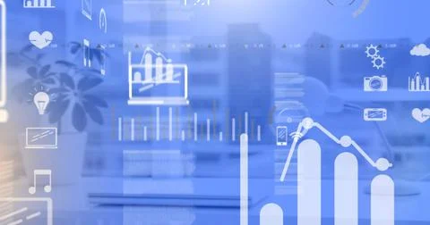 Image of digital icons and data processing over cityscape on blue background 스톡 사진