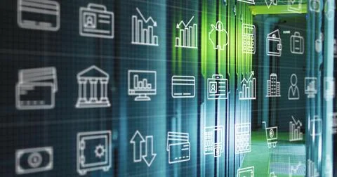 Image of digital icons and data processing over computer servers Stock Photos
