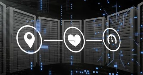 Image of digital icons and digital data processing over computer servers Illustrazione stock