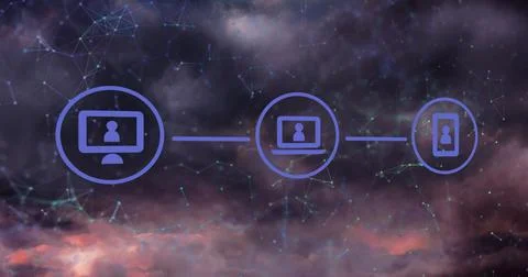 Image of digital icons and network of connections against thunder and dark Stock Photos