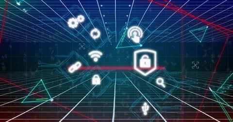 Image of digital icons and plexus networks over grid network on blue background Stock Photos