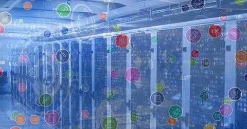 Image of digital icons and scopes scanning over computer servers in background Stockillustratie