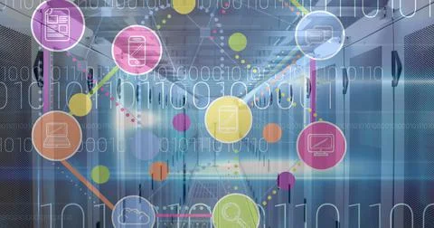 Image of digital icons, binary coding over computer servers in background 스톡 사진