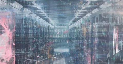 Image of digital icons, data processing and binary coding over empty computer Stock Illustration