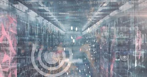 Image of digital icons, data processing and binary coding over empty computer Stock Illustration